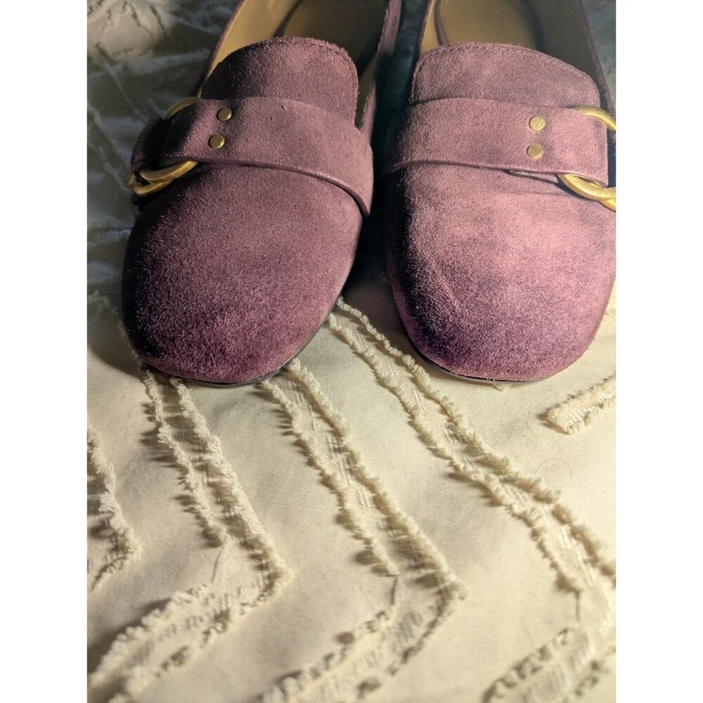 Tory Burch Plum Purple Suede Loafers Gold Buckle Flats Size 10